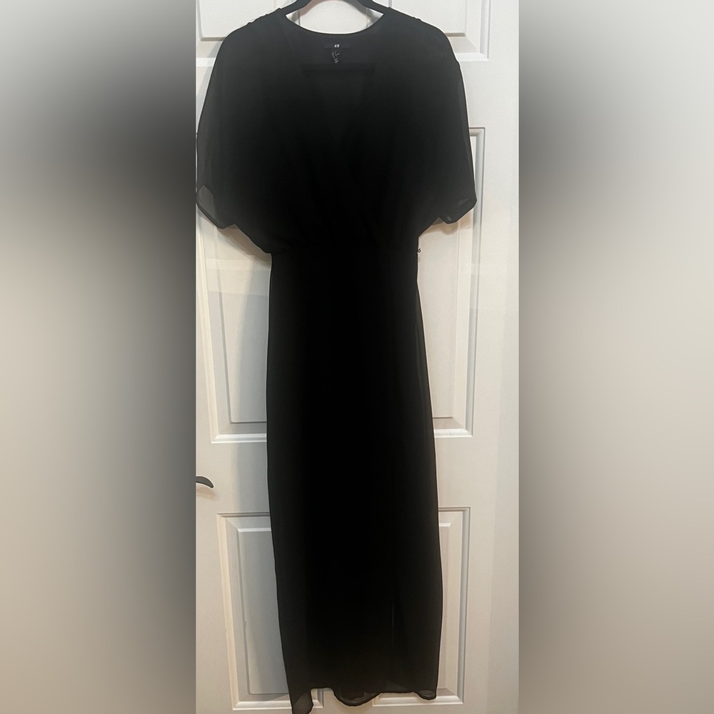 H&M maxi black lined mesh flowy dress with side split s6
